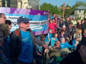 arriving at Canterbury Cathedral with our banner